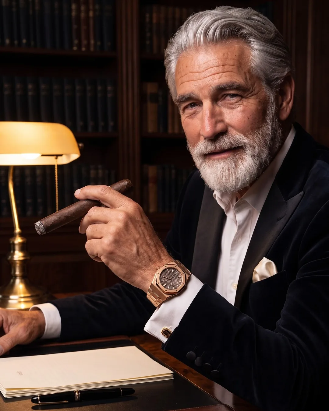 Don Vicente at his study desk with a fountain pen and a rose gold watch