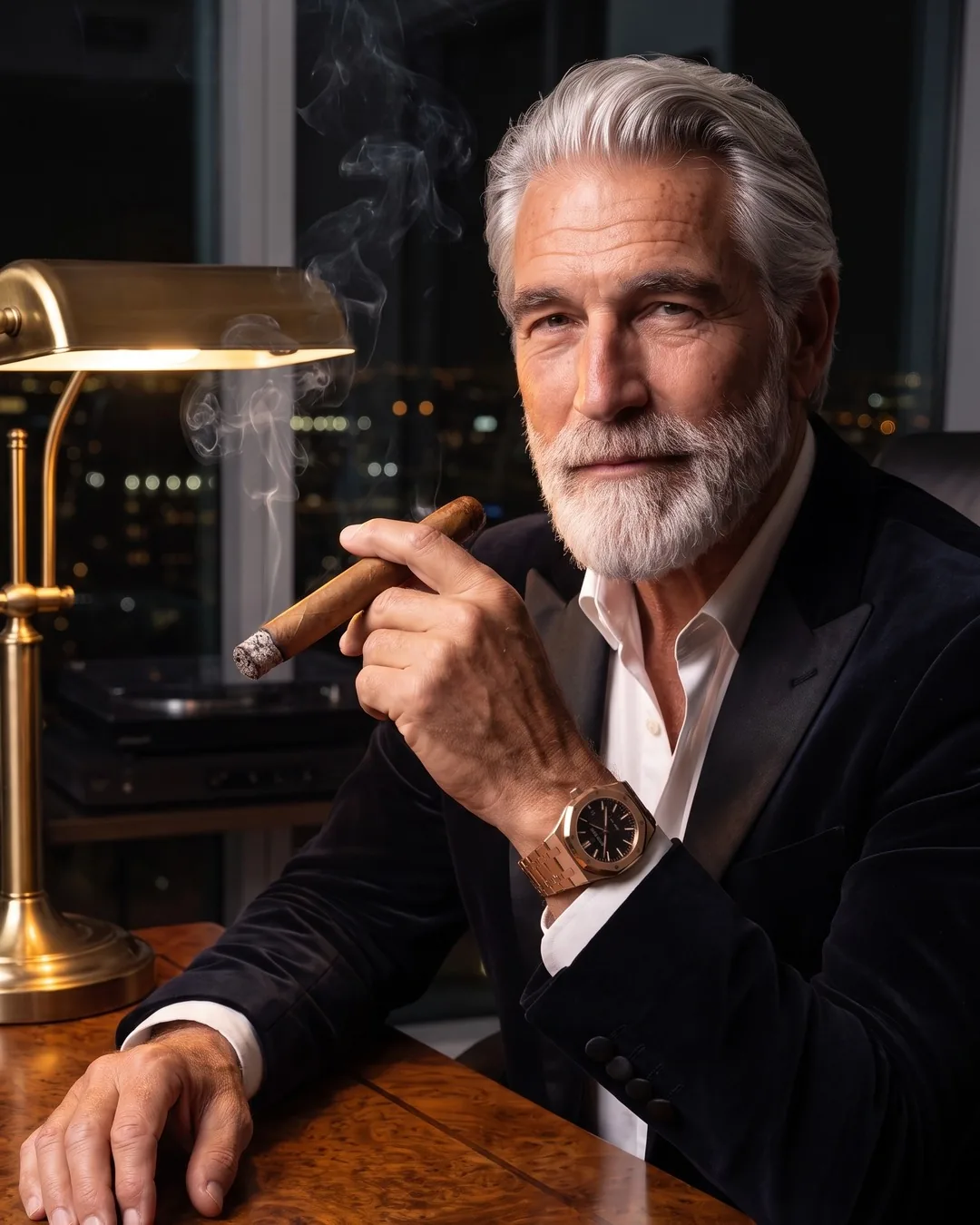 Don Vicente at a walnut desk in a penthouse study at night