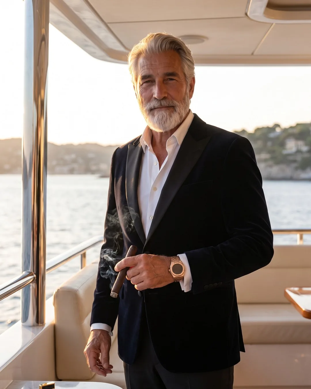 Don Vicente standing on the aft deck of a private yacht at golden hour